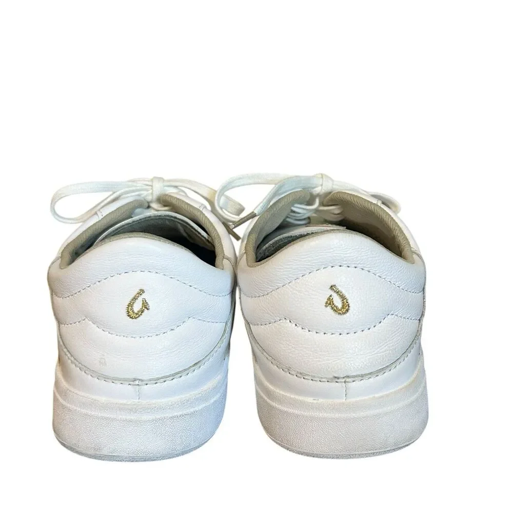 Olukai Ha'upu Sneakers Shoes White Gold Womens 9.5 Leather Lace Up